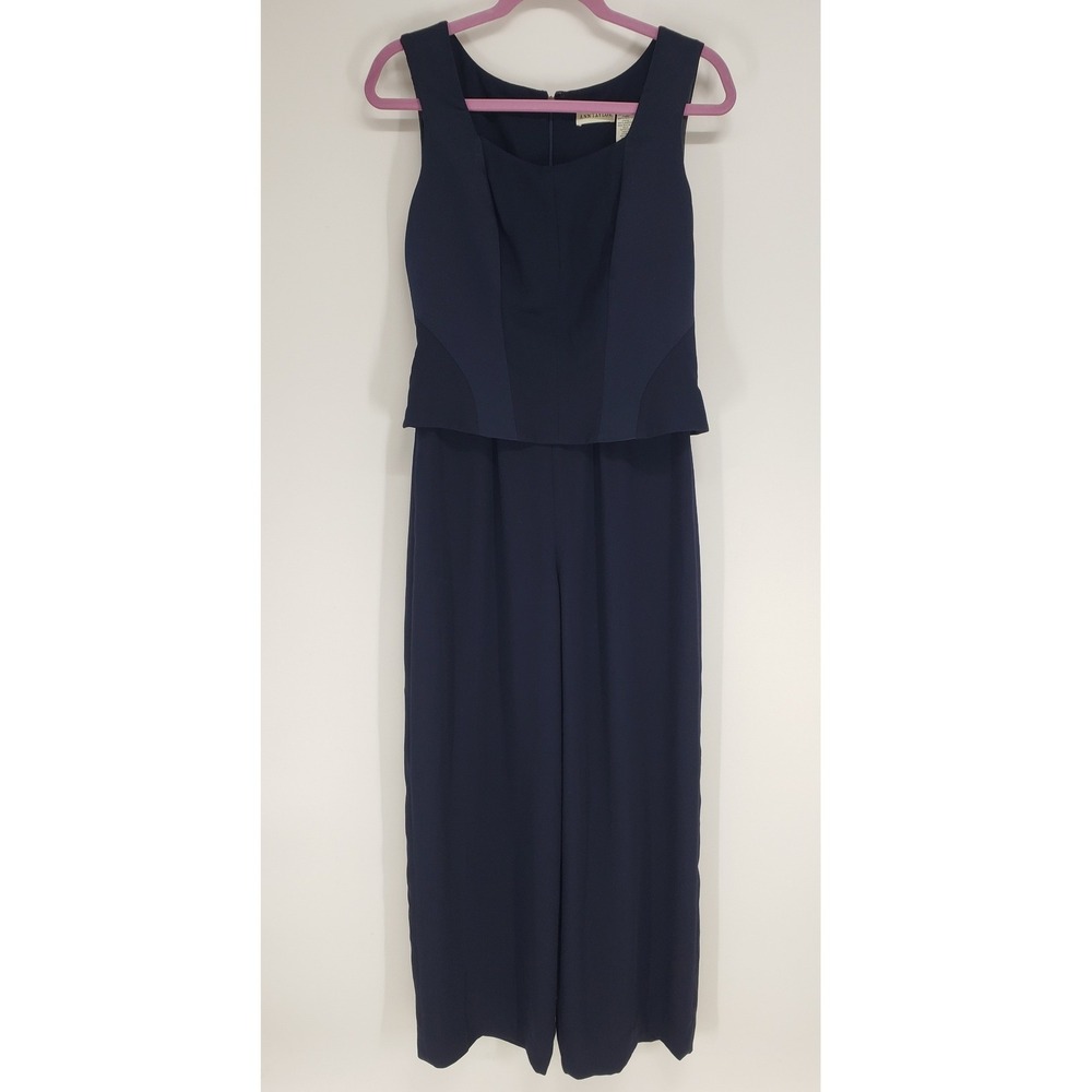 Vintage 90s Ann Taylor Wide Leg Jumpsuit Women 4 Navy Blue Crepe Satin Dressy